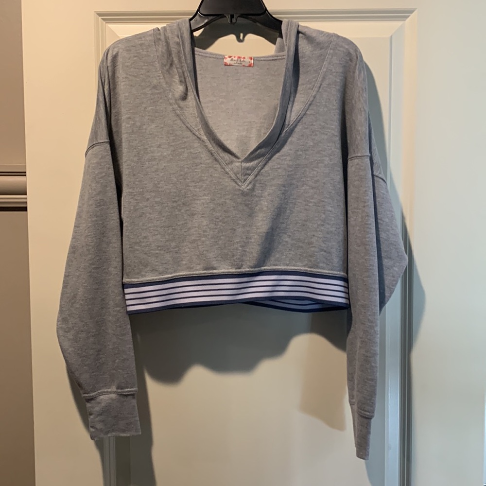 Altar’d State intimates. Gray hoodie, long sleeves, stripe band bottom.